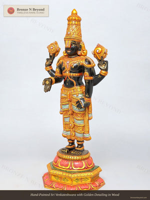 Hand-Painted Sri Venkateshwara with Golden Detailing in Wood