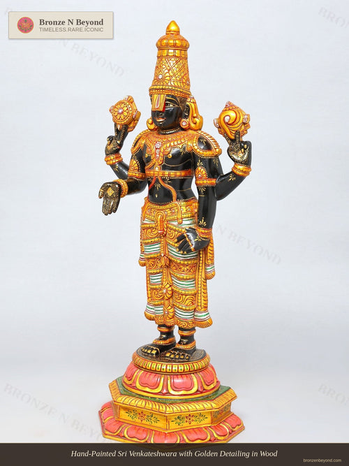 Hand-Painted Sri Venkateshwara with Golden Detailing in Wood