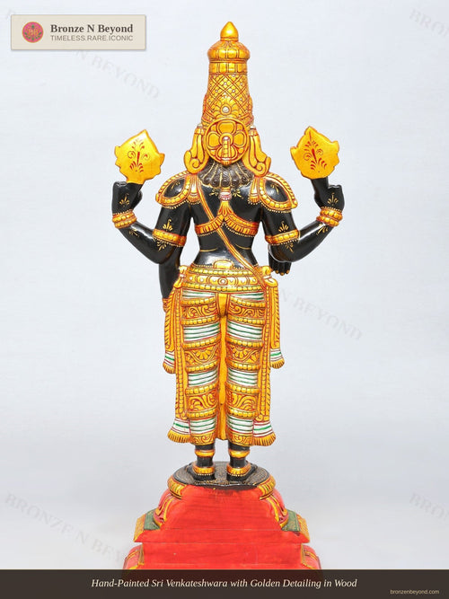 Hand-Painted Sri Venkateshwara with Golden Detailing in Wood