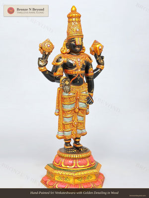 Hand-Painted Sri Venkateshwara with Golden Detailing in Wood