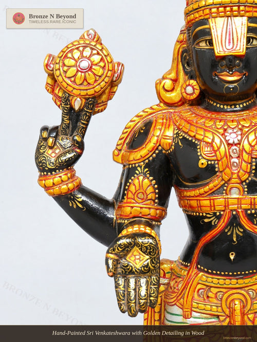 Hand-Painted Sri Venkateshwara with Golden Detailing in Wood