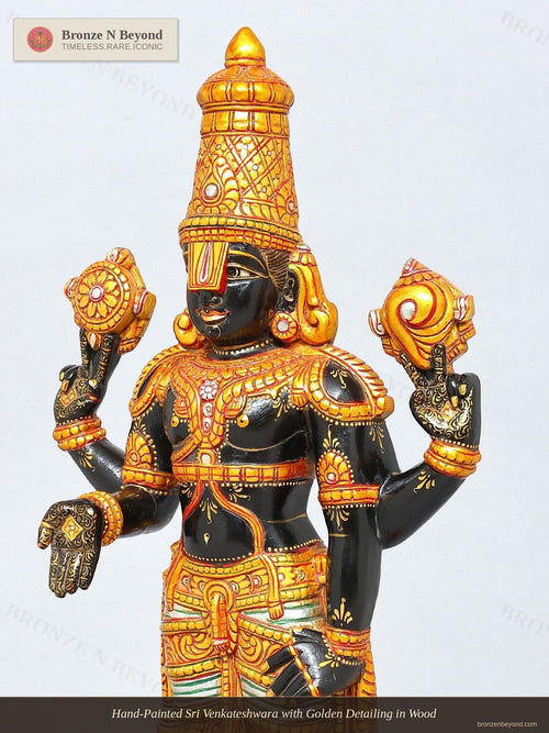 Hand-Painted Sri Venkateshwara with Golden Detailing in Wood