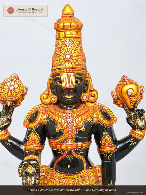 Hand-Painted Sri Venkateshwara with Golden Detailing in Wood