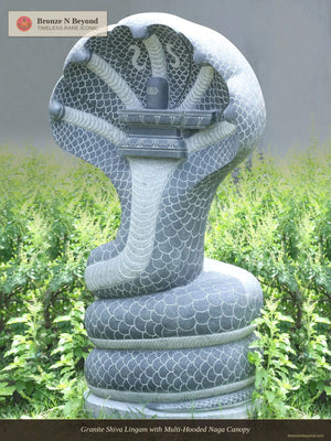 Granite Shiva Lingam with Multi-Hooded Naga Canopy