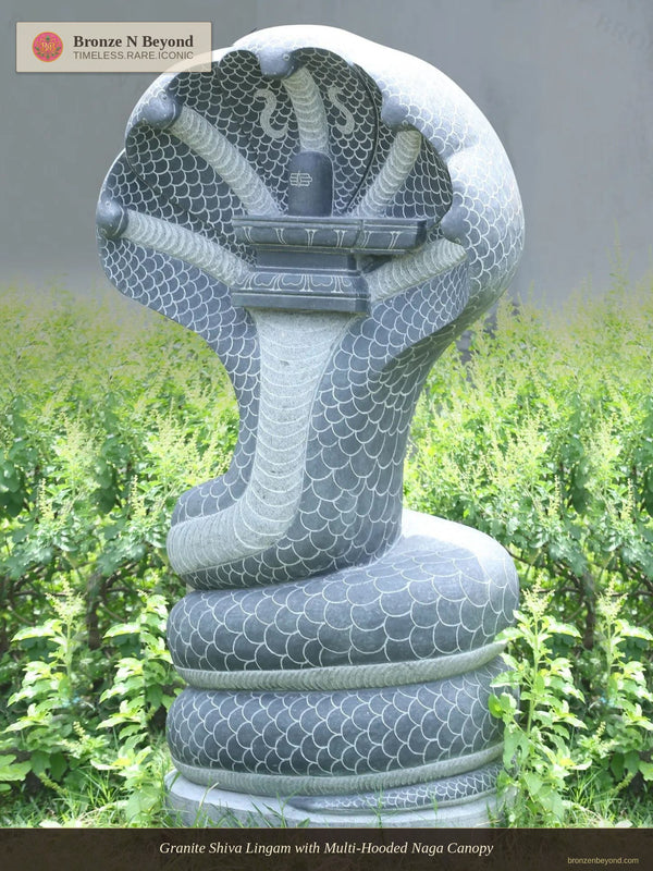 Granite Shiva Lingam with Multi-Hooded Naga Canopy