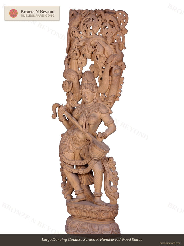 Large Dancing Goddess Saraswat Handcarved Wood Statue