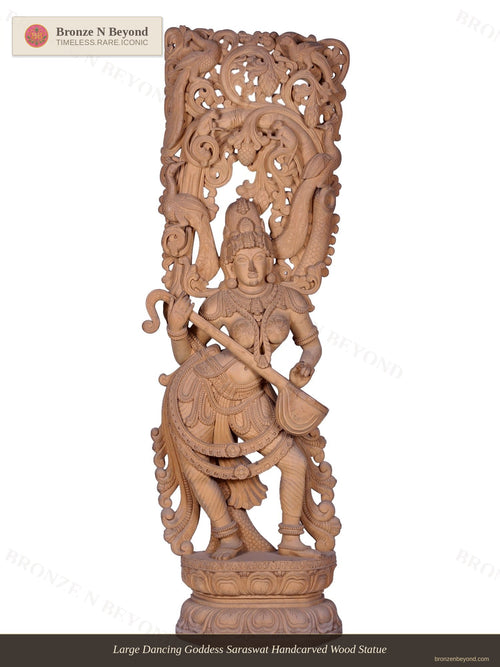 Goddess Saraswati Wooden Statue on Pedestal
