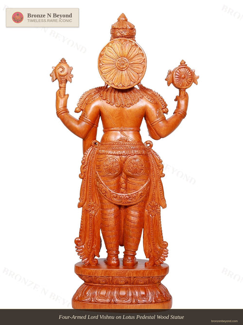 Four-Armed Lord Vishnu on Lotus Pedestal Wood Statue