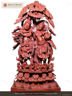 Radha–Krishna with Gopis in Hand-Carved Polished Red Stone