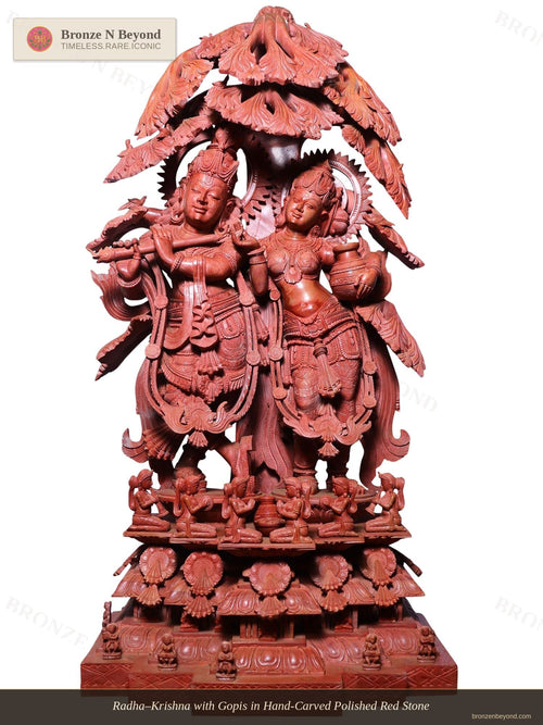 Radha–Krishna with Gopis in Hand-Carved Polished Red Stone