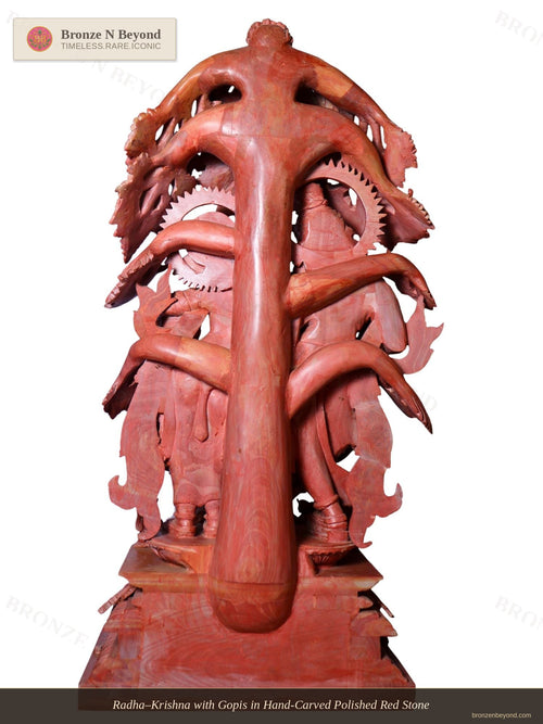 Radha–Krishna with Gopis in Hand-Carved Polished Red Stone