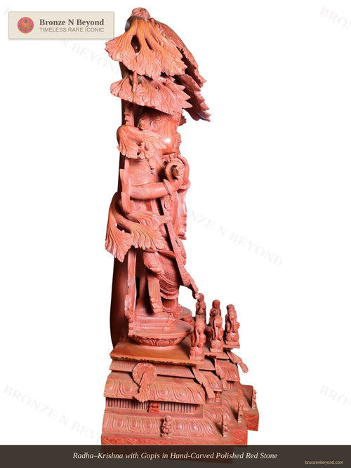 Radha–Krishna with Gopis in Hand-Carved Polished Red Stone