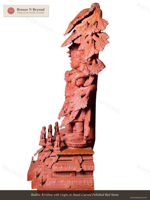 Radha–Krishna with Gopis in Hand-Carved Polished Red Stone