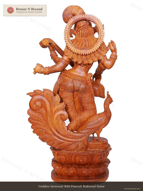 Goddess Saraswati With Peacock Teakwood Statue