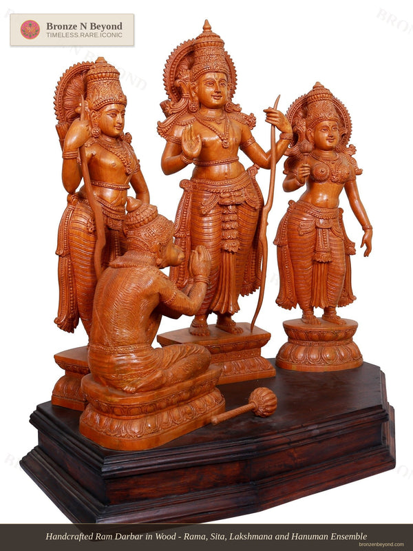 Handcrafted Ram Darbar in Wood - Rama, Sita, Lakshmana and Hanuman Ensemble