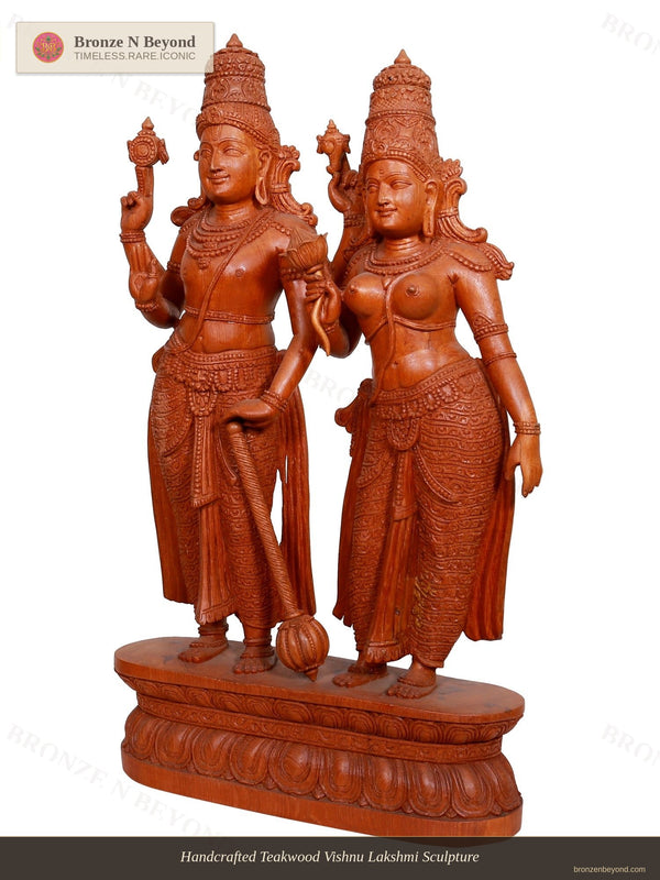 Handcrafted Teakwood Vishnu Lakshmi Sculpture