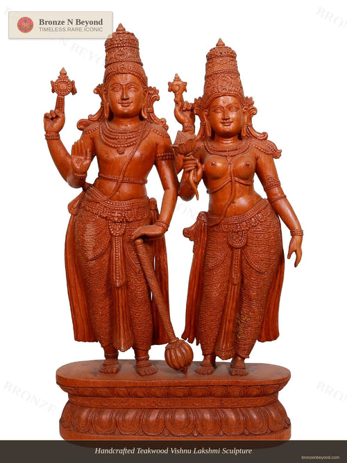 Handcrafted Teakwood Vishnu Lakshmi Sculpture