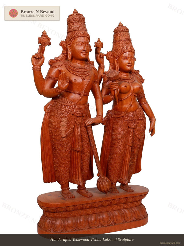 Handcrafted Teakwood Vishnu Lakshmi Sculpture