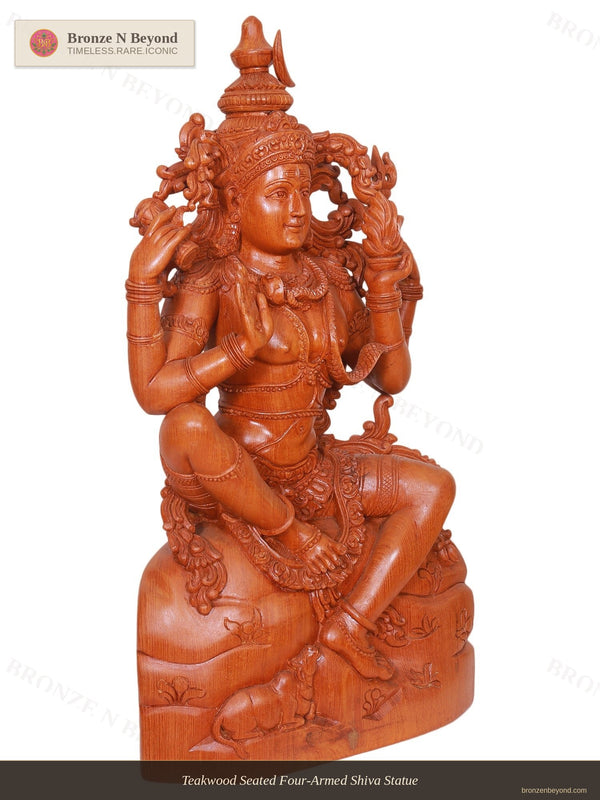 Teakwood Seated Four-Armed Shiva Statue
