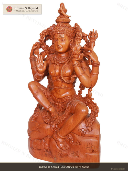 Teakwood Seated Four-Armed Shiva Statue