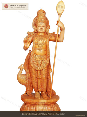 Kumara Kartikeya with Vel and Peacock Wood Statue