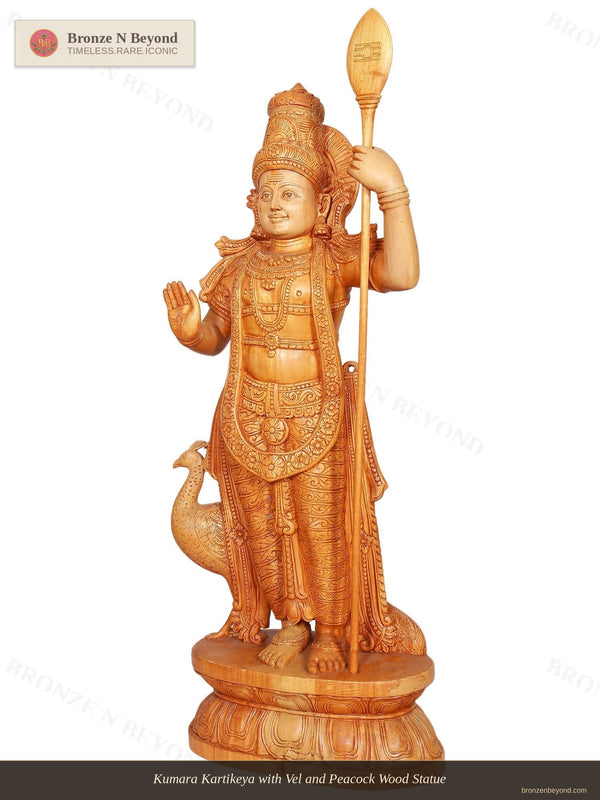 Kumara Kartikeya with Vel and Peacock Wood Statue