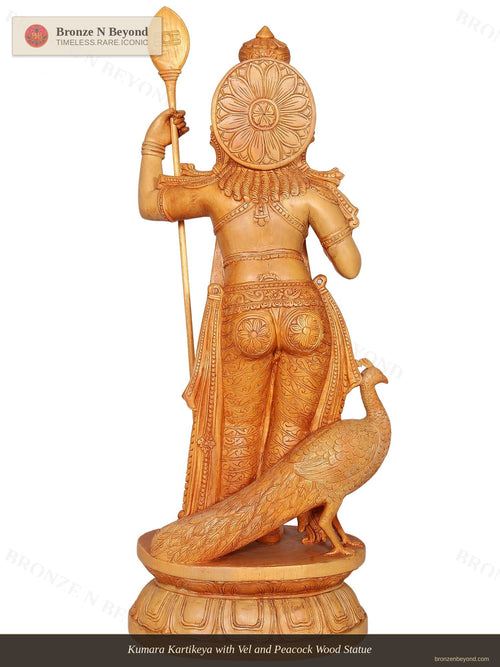 Kumara Kartikeya with Vel and Peacock Wood Statue