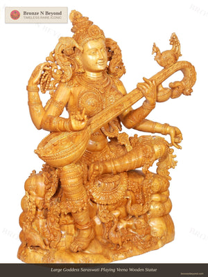 Large Goddess Saraswati Playing Veena Wooden Statue