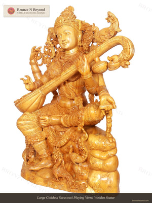 Large Goddess Saraswati Playing Veena Wooden Statue