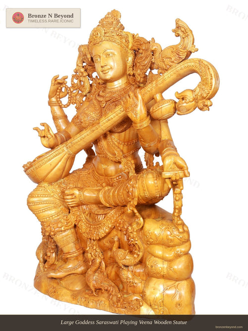 Large Goddess Saraswati Playing Veena Wooden Statue