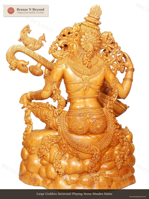 Large Goddess Saraswati Playing Veena Wooden Statue