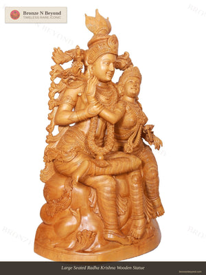 Large Seated Radha Krishna Wooden Statue