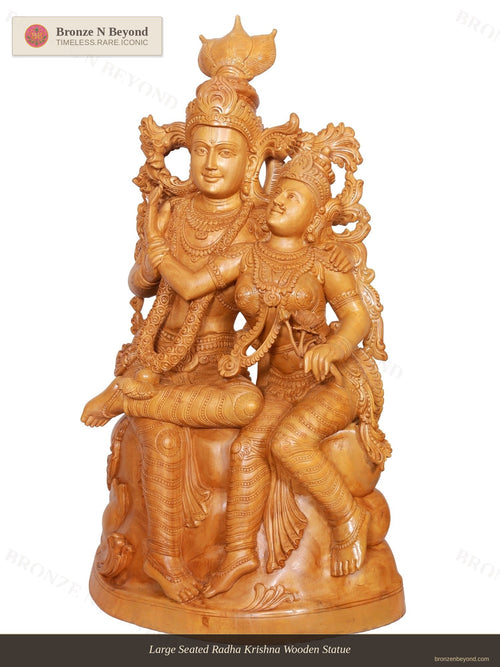Large Seated Radha Krishna Wooden Statue
