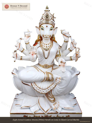Eight-Armed Goddess Shweta (White) Varahi on Lotus in Hand-Carved Marble