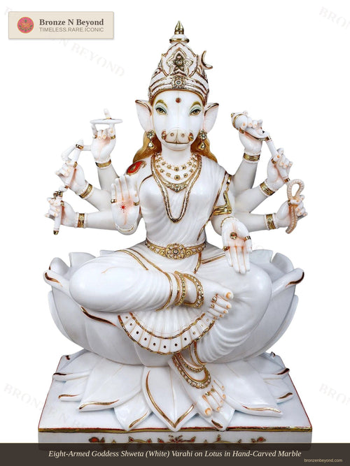 Eight-Armed Goddess Shweta (White) Varahi on Lotus in Hand-Carved Marble