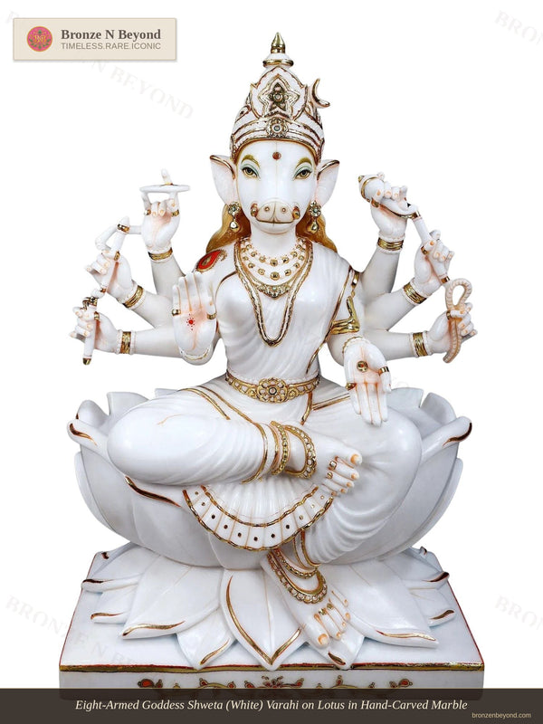 Eight-Armed Goddess Shweta (White) Varahi on Lotus in Hand-Carved Marble