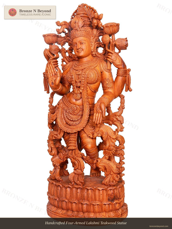 Handcrafted Four-Armed Lakshmi Teakwood Statue