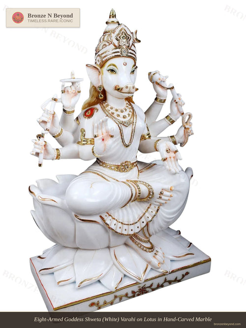 Eight-Armed Goddess Shweta (White) Varahi on Lotus in Hand-Carved Marble