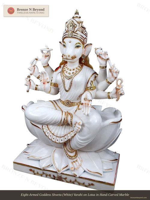 Eight-Armed Goddess Shweta (White) Varahi on Lotus in Hand-Carved Marble