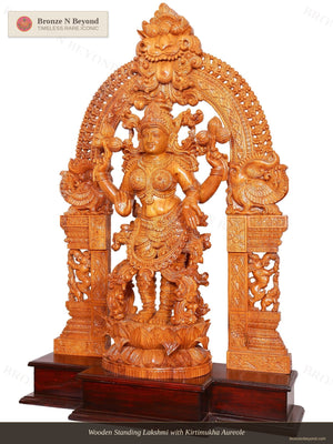 Wooden Standing Lakshmi with Kirtimukha Aureole
