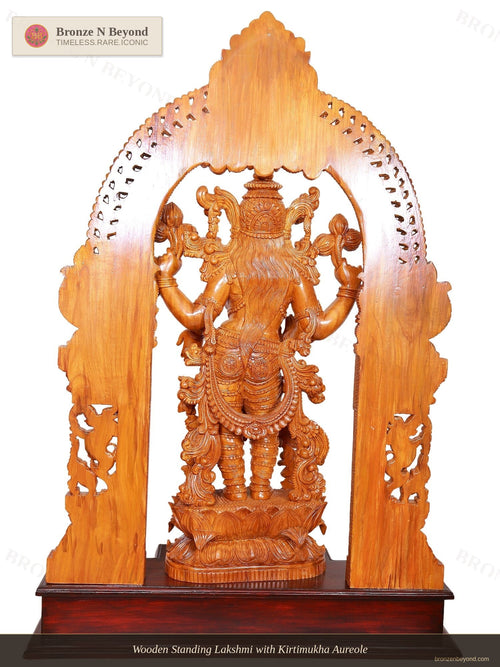 Wooden Standing Lakshmi with Kirtimukha Aureole