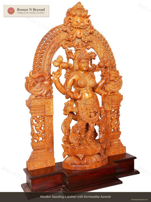 Wooden Standing Lakshmi with Kirtimukha Aureole