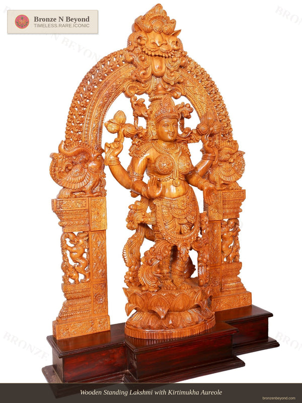Wooden Standing Lakshmi with Kirtimukha Aureole