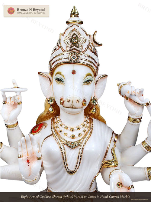 Eight-Armed Goddess Shweta (White) Varahi on Lotus in Hand-Carved Marble