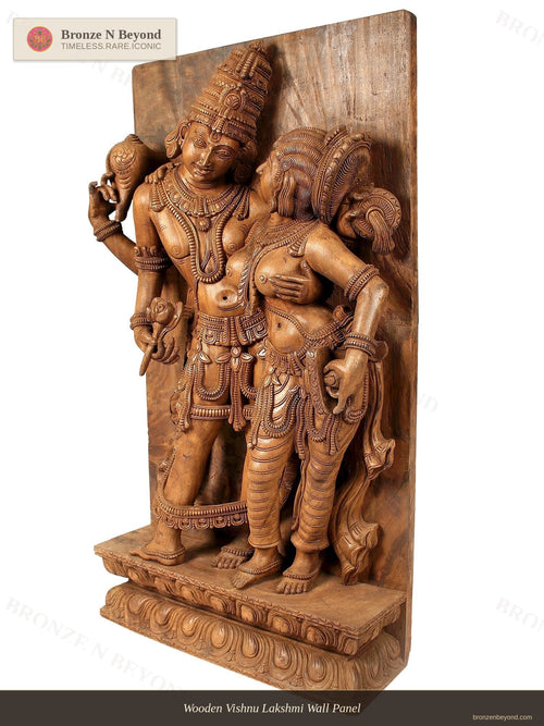 Wooden Vishnu Lakshmi Wall Panel