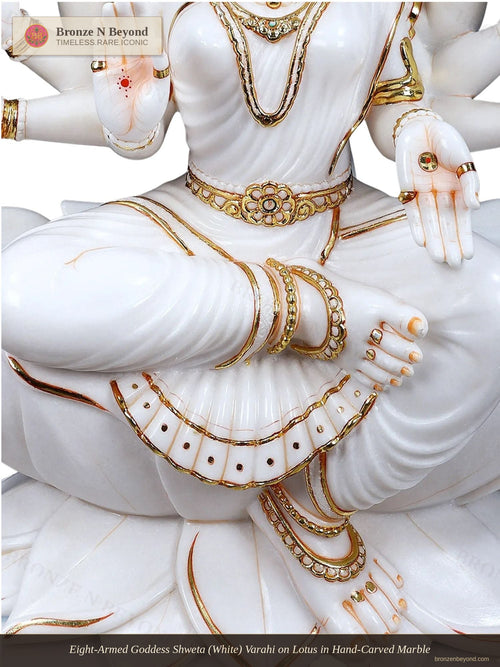Eight-Armed Goddess Shweta (White) Varahi on Lotus in Hand-Carved Marble