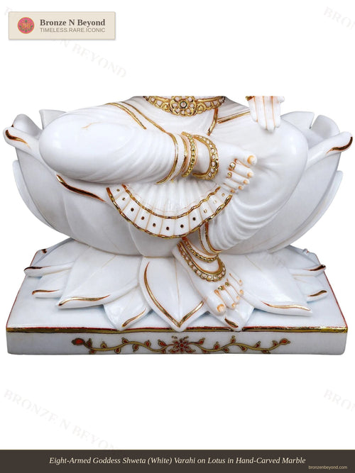 Eight-Armed Goddess Shweta (White) Varahi on Lotus in Hand-Carved Marble