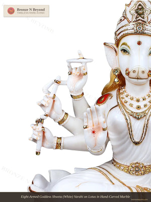 Eight-Armed Goddess Shweta (White) Varahi on Lotus in Hand-Carved Marble