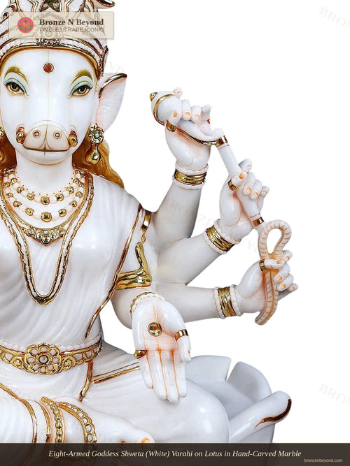 Eight-Armed Goddess Shweta (White) Varahi on Lotus in Hand-Carved Marble