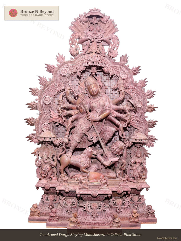 Ten-Armed Durga Slaying Mahishasura in Odisha Pink Stone